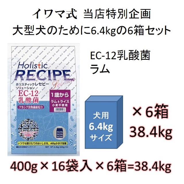 ホリスティックレセピー・EC-12乳酸菌・アカシア食物繊維配合ラム＆ライス（小麦不使用）1歳から6.4kgの6箱セット = 38.4kg